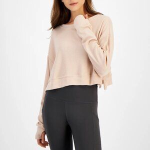 Rose Tint Relaxed Comfort Waffle Knit Long Sleeve Top With Thumb Holes